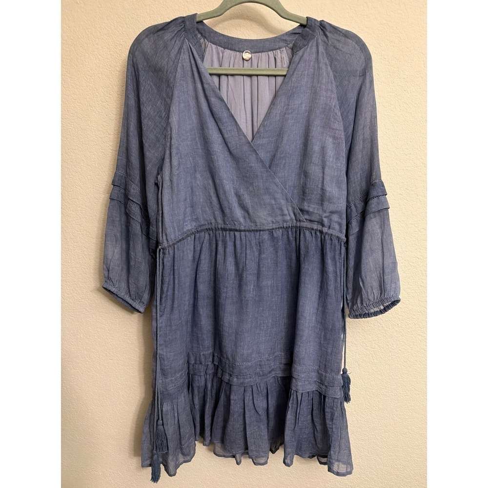 Margaret O'Leary Blue Gauze V-Neck Tiered Tassel Mini‎ Dress Womens XS Boho